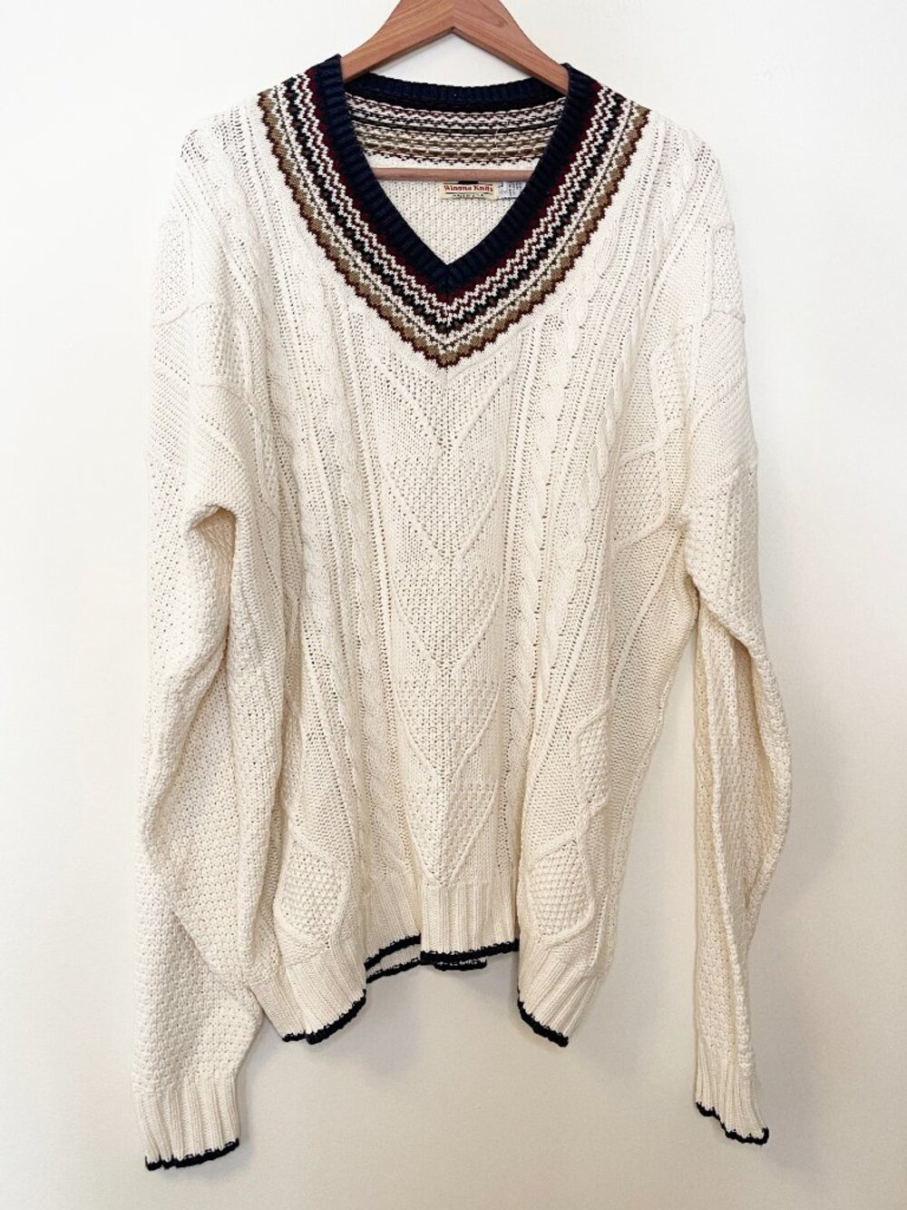 Vintage Winona Knits Cream Cable Knit V Neck Cricket Sweater Large Cotton USA
